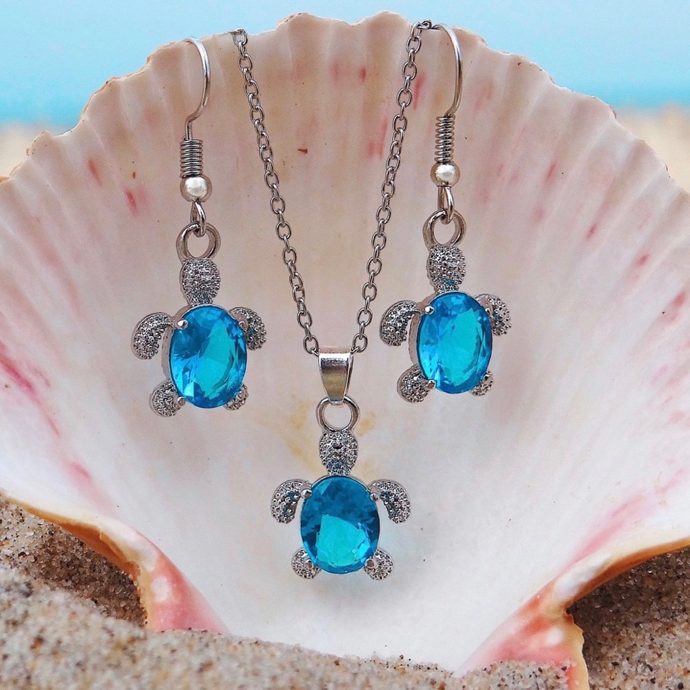 Ocean Blue Gemstone Sea Turtle Set, New W/ Tags